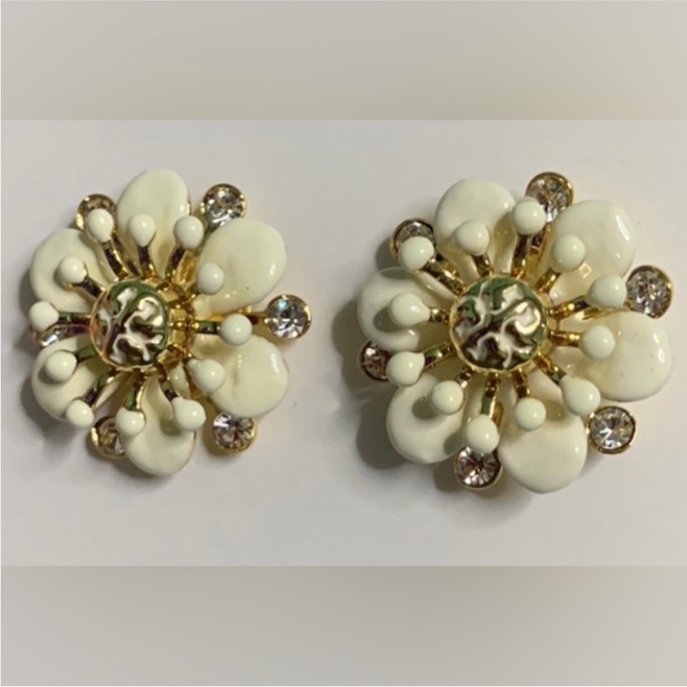 Tory Burch ivory white crystal flower stud logo earrings